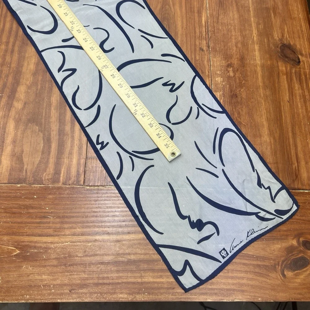 Anne Klein Vintage Silk Oblong Scarf Gray Navy Abstract Made In Japan 42x10 Inch